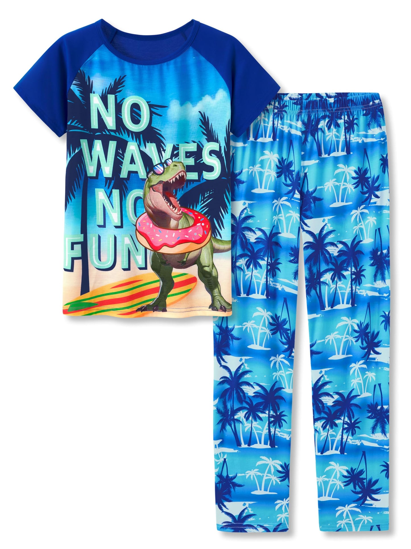 Beezizac Big Boys Pajamas Swim Ring Dino 2-Piece Fun Short Sleeve & Pants PJ Set Kid Cozy Sleepwear Size 18