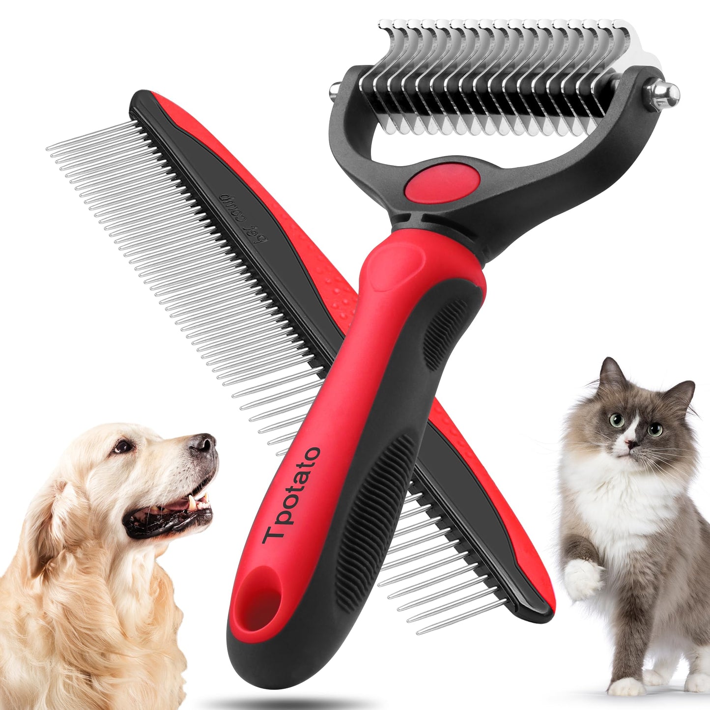 Tpotato Deshedding Pet Brush for Long Haired Dogs CatsUndercoat Shedding Rake for Dematting Detangling Tangles Matted Fur and KnotsFree Pet CombProfessional Pet Grooming Supplies Tool KitRed by Wowza Finds